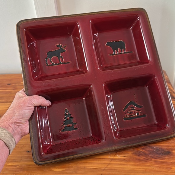 Home Studio Woodland Rustic Red Bear Moose Tree Divided 4-Part Square Platter - Picture 3 of 5